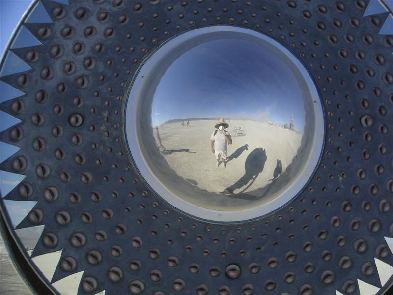 Bubble mirror art piece near the temple