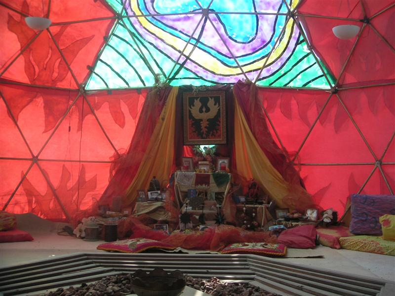 Taking refuge from a dust storm in this dome out on the playa done up to be a shrine