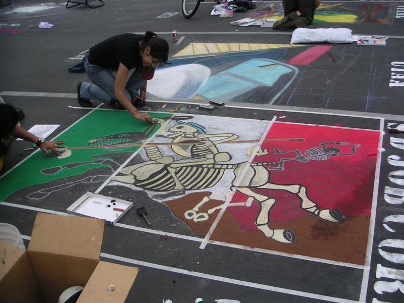 Chalk painting - Mexican flag and skeleton horse rider