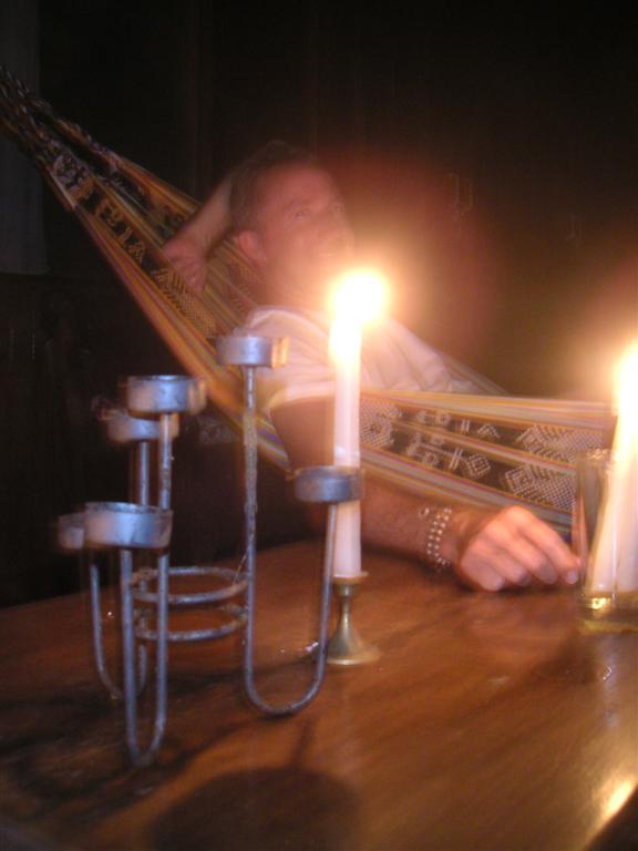 Paul in the hammock, lizzard on the candle holder