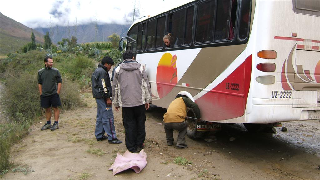 Our bus to the Inka Trail head gets a flat