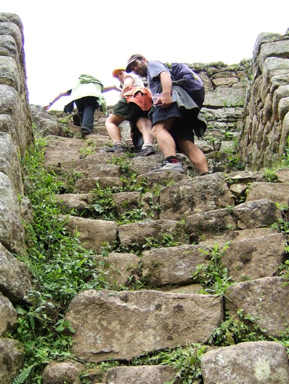 Sebastien and Lucy take their time on Huayna Picchu's steep steps