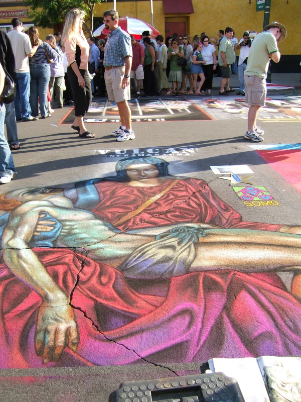 A chalk painting, of a photo, of a sculpture.