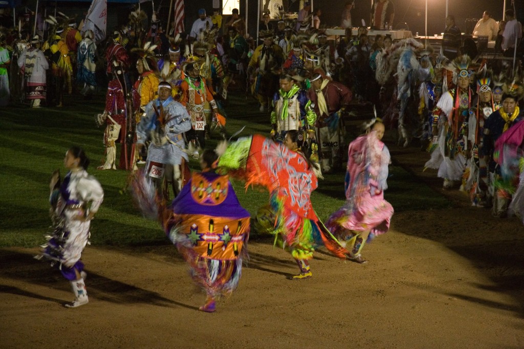 Fancy Shawl dancing in the powwow grand entry