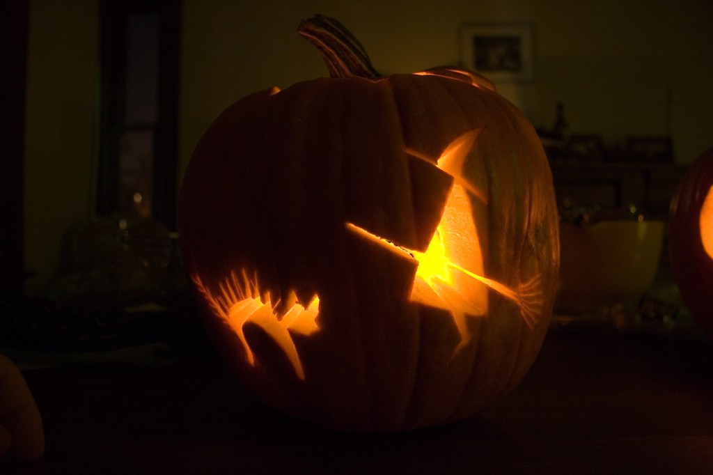 Cat and witch on the back of Chris' carved pumpkin