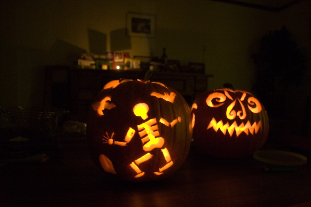 Chris (bat, skeleton, moon, etc) and Anna's (scary face) carved pumpkins