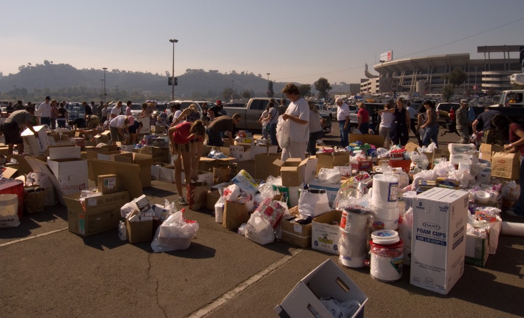 Sorting donations at Qualcomm Stadium