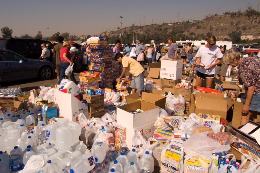 Gathering donated water and dry goods