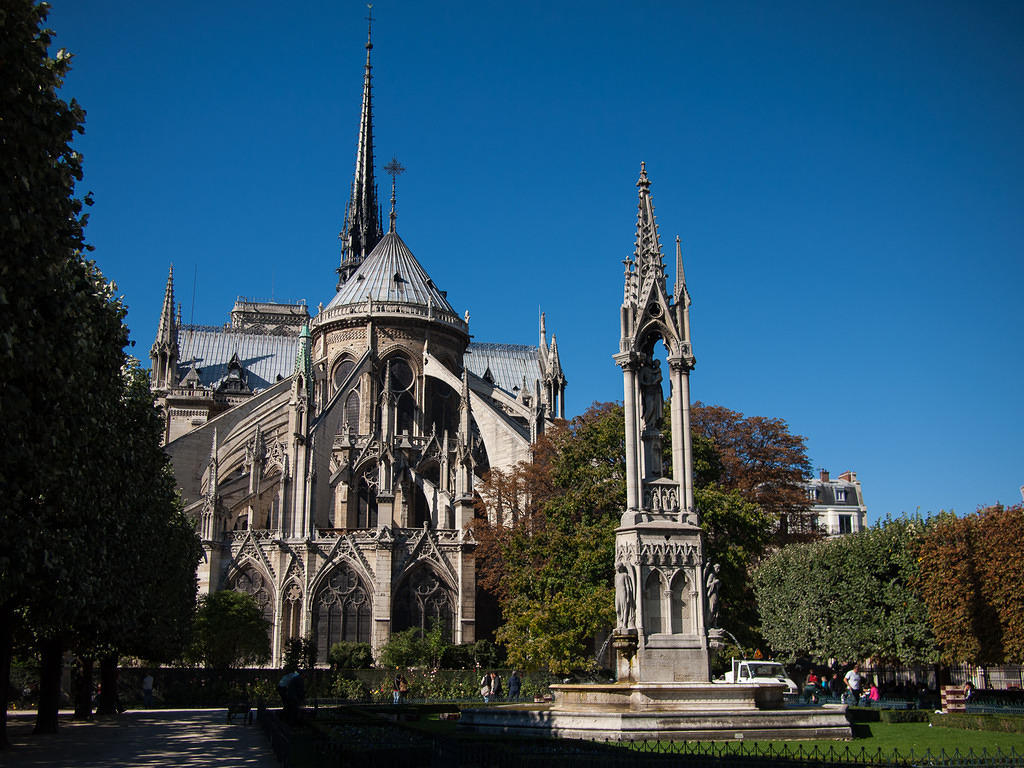 Notre Dame's apse and fountain
