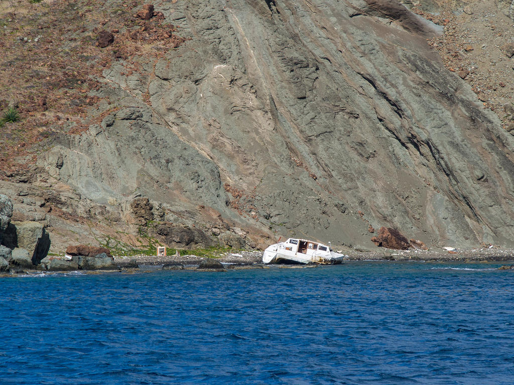 Shipwrecked catamaran on Île Fourchue