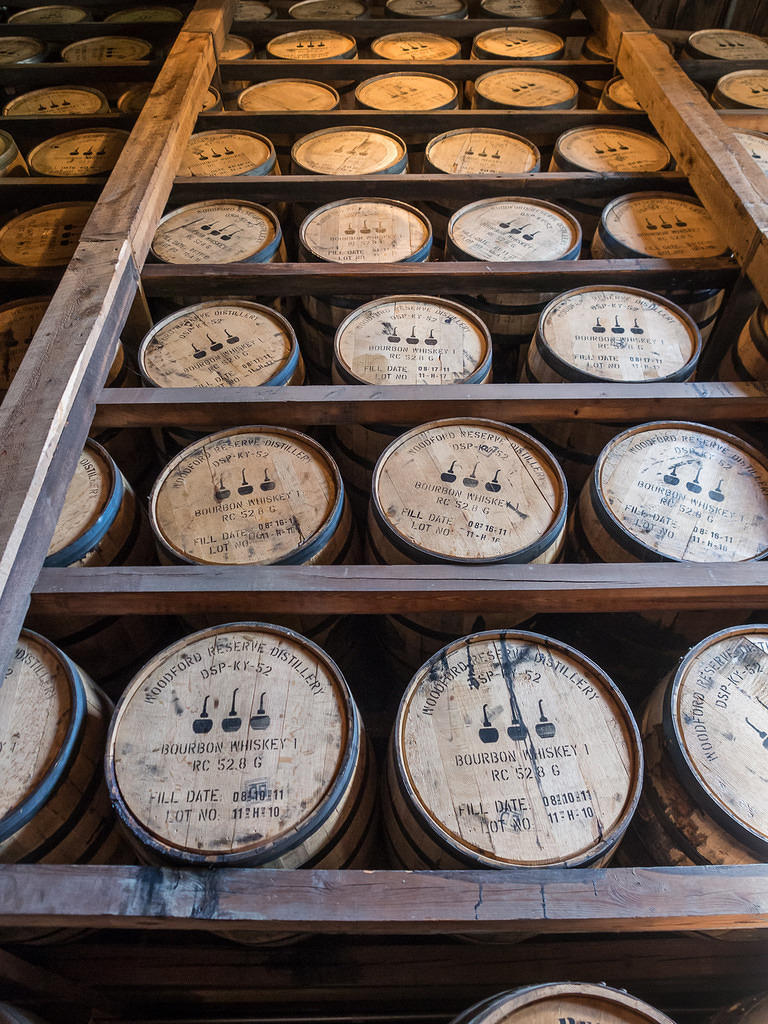 Woodford Reserve aging bourbon barrels