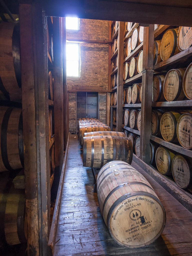 Woodford Reserve aging bourbon barrels