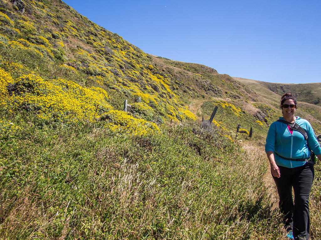 Anna walking through wildflowers