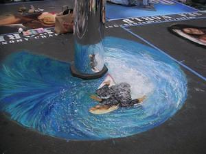 Chalk painting - Surfing the wave in the mirror