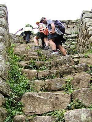 Sebastien and Lucy take their time on Huayna Picchu's steep steps