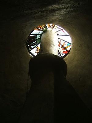 Stained glass window at the top of the Shell House