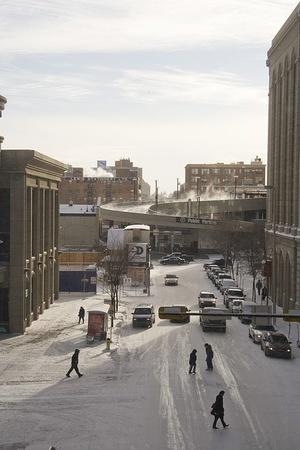 Blowing snow in downtown Calgary