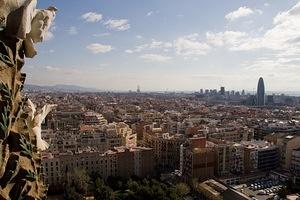 Abstract doves looking east over Barcelona