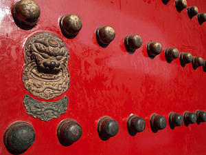 Lion on a red door