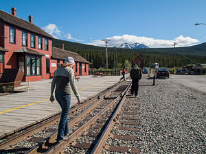 Dannica walking the tracks at Carcross