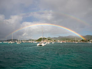 Two rainbows over Marigot's harbor